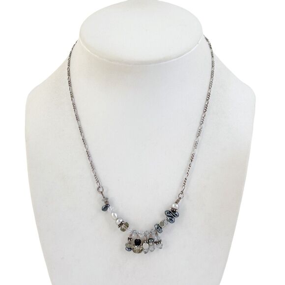 Vintage Sterling Silver 925 Pearl Quartz Hematite Crystal Necklace 16.5" - Picture 1 of 5